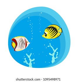 Tropical butterfly fishes on blue background. Vector illustration