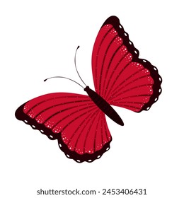 Tropical butterfly flying with beautiful red wings, decorated white dots or spots. Spring and summer red insect isolated. Exotic moth with antennae and wings. Colored flat vector illustration