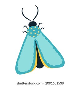 Tropical butterfly moth with multicolored wings and antennae isolated on a white background. Flying moth top view. An exotic spring insect. Vector illustration flat style