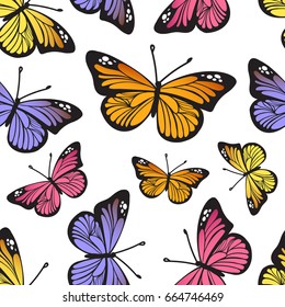 Tropical butterfly seamless hand drawn pattern. Cute cartoon insects isolated on white background. Vector illustration.