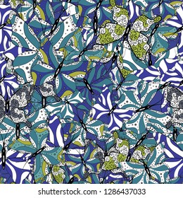 Tropical butterfly seamless pattern in white, black and blue colors. Vector illustration. In simple style. An image of butterflies. Doodle, sketch, scribble.