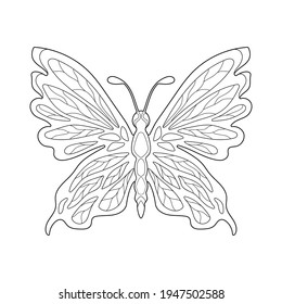 Tropical butterfly with simple patterns on a white isolated background. Insect illustration. For coloring book pages.