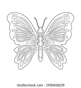 Tropical butterfly with simple patterns on a white isolated background. Insect summer illustration. For coloring book pages.