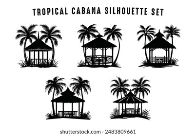 Tropical Cabana Silhouette Set, Casa de playa Vector negro Paquete Clipart