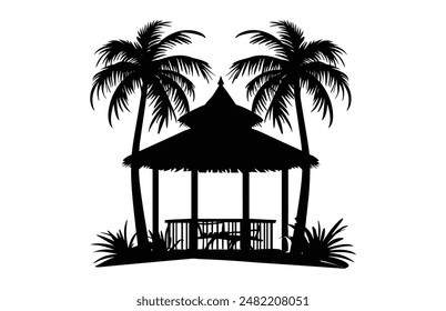 Tropical Cabana Vector de silueta, Seaside Cottage negro Arte de Clip de silueta