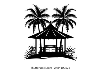 Tropical Cabana Vector de silueta, Seaside Cottage negro Arte de Clip de silueta