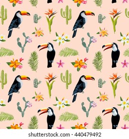 Tropical Cactus Background. Toucan Bird. Seamless Pattern. Vector