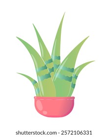 Tropical cactus concept. Green aloe in red flowerpot. Botany and floristry, gardeing. Decor elements. Sticker for social networks. Flat vector illustration isolated on white background