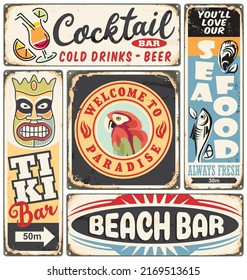 Tropical cafe and beach bar signs collection. Retro posters template. Vector illustration.