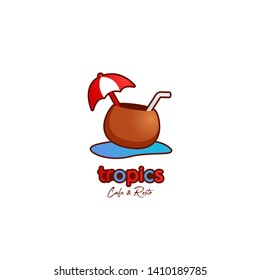 Tropical cafe and resto logo with brown coconut drink illustration icon