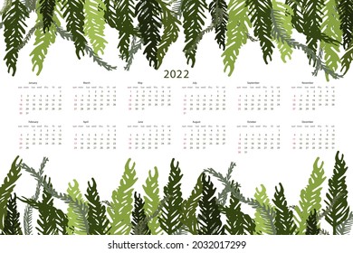 Tropical calendar for 2022 with green branches and leaves. Vector illustration for print, calendar, planner, textiles, posters, banners.