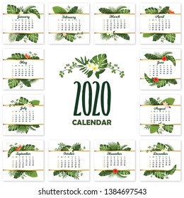 Tropical calendar design for 2020. Printable calendar for year 2020 with exotic palm leaves and flowers 