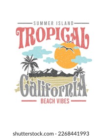 Tropical California Typography Beach Vibes Summer island  Distressed seashore scenery summer vector illustration print vector