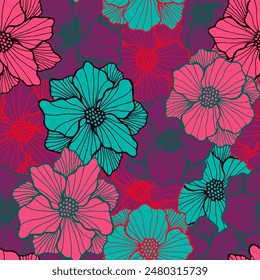 Tropical camellia bloom periodic sample. Hand drawn floral composition. Camellia flower with striped petals. Fabric print. Garden blossom summer seamless design stencil vector.
