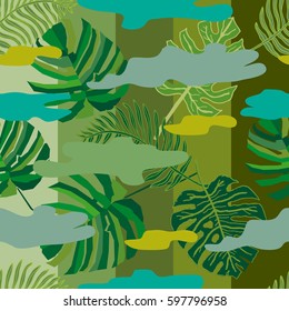 Tropical camouflage pattern. Seamless floral print with palm leaves and spots on stripped background. Beach textile collection. Green, grey.