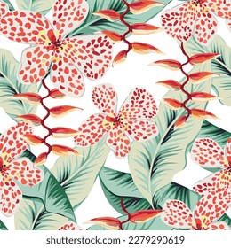 Tropical canna, heliconia flowers, banana palm leaves, white background. Vector seamless pattern. Jungle foliage illustration. Exotic plants. Summer beach floral design. Paradise nature
