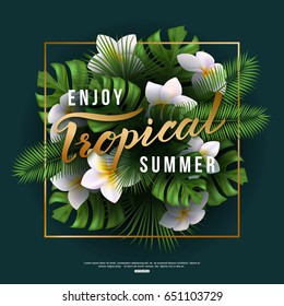 Tropical card with calligraphy design. Vector travel illustration eps 10 format.
