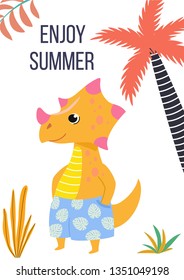 Tropical card with a cute cartoon dinosaur in beach shorts. Vector illustration.