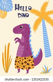 Tropical card with a cute cartoon dinosaur in beach shorts. Vector illustration.