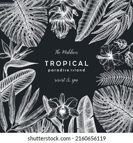 Tropical card design on a chalkboard. Vector frame with hand-drawn tropical plants, exotic flowers, palm leaves, insects, chameleon. Wildlife background with hand-sketched tropical plants and animals