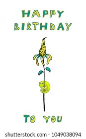 Tropical card with exotic flower, leaves and cute reptiles. Happy birthday. Colorful hand drawn vector illustration. For children. Notebooks, cards, labels, diaries, accessories-school