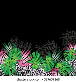 Tropical card with monstera and palm leaves on a background wih imitation of zebra skin. Vector illustration.