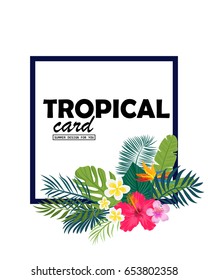 A tropical card with palm leaves and exotic flowers. Summer jungle design  is ideal for flyers, postcards, labels and unique designs. Vector