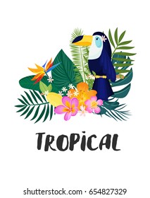 A tropical card with palm leaves and exotic flowers. Summer jungle design  is ideal for flyers, postcards, labels and unique designs. Vector