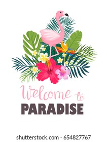 A tropical card with palm leaves and exotic flowers. Summer jungle design  is ideal for flyers, postcards, labels and unique designs. Vector