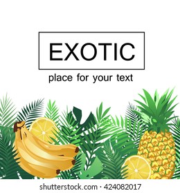Tropical card  with palm leaves, pineapple, banana, lemon. Vector exotic card, banner, poster.