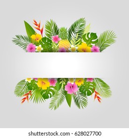 Tropical card. Palm leaves, tropical plants, flowers, pineapple. Vector illustration.