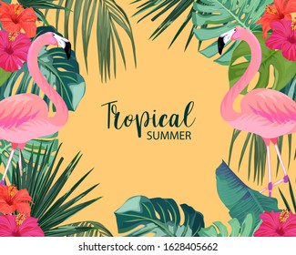 Tropical card. Palm tree leaves, flower hibiscus and flamingo. Vector illustration. Summer background 