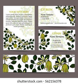 Tropical card set for different invitations, voucher, coupon code, promotional flyers. Citron business cards. Seamless pattern is masked.