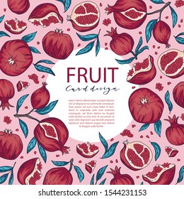 Tropical card template with pomegranate fruit and place for text. Armenian fruit background. Vector bright design. 