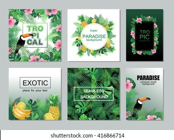 Tropical cards collection.  Vector exotic banners, posters with palm leaves, toucan, pineapple, banana, lemon, hibiscus flower.