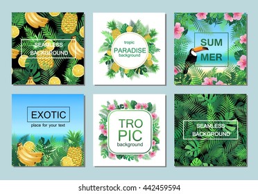 Tropical cards collection. Vector exotic cards, banners, posters with palm leaves, toucan, pineapple, banana, lemon, hibiscus flower.