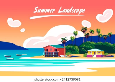 Tropical caribbean landscape with beach, traditional houses, palms, sea and island in the background. Handmade drawing vector illustration. 