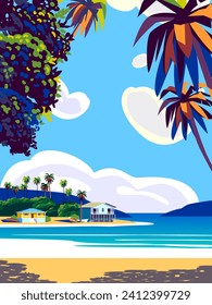 Paisaje tropical caribeño con casas tradicionales, palmeras, mar e isla al fondo. Ilustración de vector de dibujo hecha a mano. 