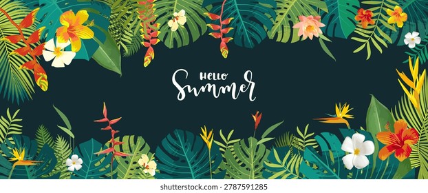 Tropical Caribbean palm leaf frame. Summer jungle background, green tropical tree leaves, Hawaiian beach rainforest nature texture patern. Exotic vector illustration floral banner, vacation invitation