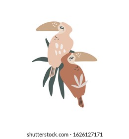 Tropical cartoon abstract isolated toucans couple. Trendy collage style. Cute exotic birds with palm leaves in jungle on white background. Summer illustration, editable vector file