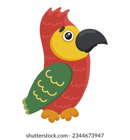 Tropical cartoon character. Cute little parrot. Exotic beak and feather. Animal bird in wildlife. Caricature jungle fauna. Adorable artwork. Isolated on white background. Vector illustration