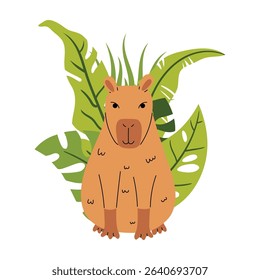 Tropical cartoon composition with capybara and green leaves in flat style, isolated on white. Sweet and calm animal image perfect for summer clipart, print design, or jungle nature decor.