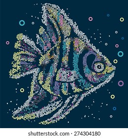 Tropical cartoon cute marine pied fish on blue background, mosaic - stock vector