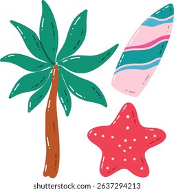 Tropical Cartoon Illustration Featuring Palm Tree Surfboard and Starfish Designs. Vector illustration highlighting tropical beach elements, including a stylized palm tree, a colorful surfboard