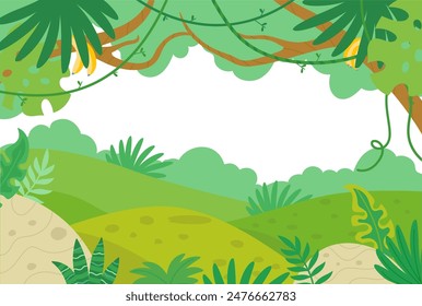 Localización de dibujos animados tropicales. Paisaje exótico con hojas de palma, viñas y plátanos. Fondo verde con espacio vacío para el juego o el libro, diseño infantil del Vector del Anuncio