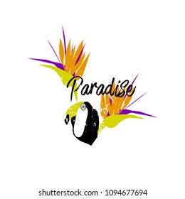 Tropical cartoon minimal jungle illustration with toucan bird, palm leaves, exotic strelizia flowers. Vector. Isolated. Modern background for invitation, header, cover, apparel, poster, flyer web