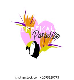 Tropical cartoon minimal jungle illustration with toucan bird, palm leaves, exotic strelizia flowers. Vector. Isolated. Modern background for invitation, header, cover, apparel, poster, flyer web