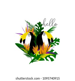 Tropical cartoon minimal jungle illustration with toucan bird, palm leaves, exotic strelizia flowers. Vector. Isolated. Modern background for invitation, header, cover, apparel, poster, flyer web