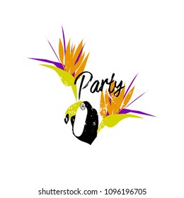Tropical cartoon minimal jungle illustration with toucan bird, palm leaves, exotic strelizia flowers. Vector. Isolated. Modern background for invitation, header, cover, apparel, poster, flyer web