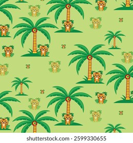 Tropical Cartoon Pattern with Tigers and Palm Trees